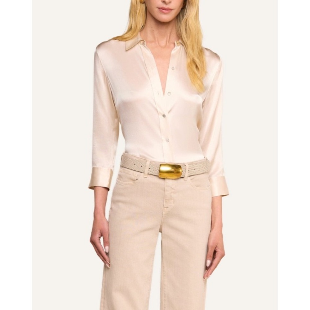 L'AGENCE Dani 100% Silk Champagne Button Down Blouse 3/4 Sleeve 40126CLW Size S